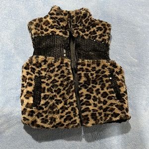 Girls faux fur animal print vest with sequins, size L, worn once